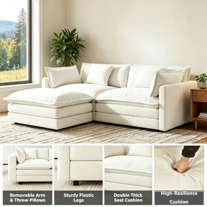 Modular Sectional Sofa with Ottoman: 76.7" Modern L Shaped Sectionals Cloud Couch, Comfy Couch Loveseat, 3 Seat Chenille Deep Seat Sofa with Pillow for Living Room,Bedroom Apartment,Small Spaces-Beige