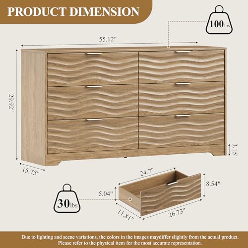 55" Wide Coastline Fluted 6 Drawers Dresser for Bedroom,Walnut, view 3