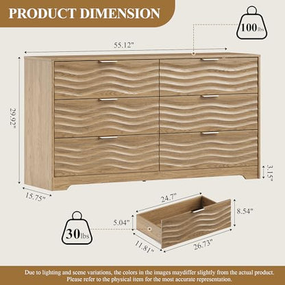 55" Wide Coastline Fluted 6 Drawers Dresser for Bedroom,Walnut, view 3