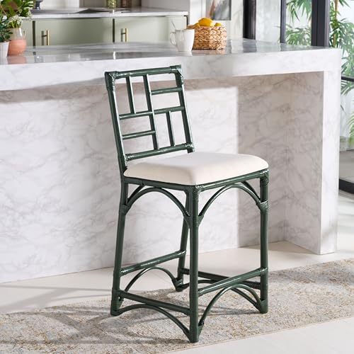 SAFAVIEH Furniture - Christine 23.6" Seat Height Counter Stool - White & Forest Green - Handwoven Rattan Design - Fully Assembled - Ideal for Kitchen, Dining Room & Kitchen Island (BST6509E)