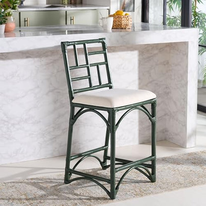 SAFAVIEH Furniture - Christine 23.6" Seat Height Counter Stool - White & Forest Green - Handwoven Rattan Design - Fully Assembled - Ideal for Kitchen, Dining Room & Kitchen Island (BST6509E)