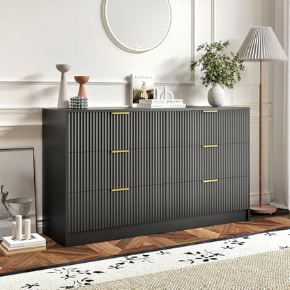 3-Piece Modern Bedroom Furniture Set, Wide 6-Drawer Dresser & 2-Drawer Nightstands Set of 2, Natural Wood Dresser and Nightstand Sets for Bedroom, Hallway, Black