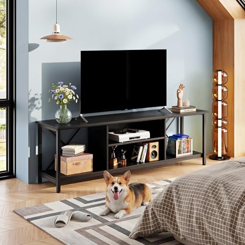 Industrial TV Stand for Up to 70 inch TV, Heavy-Duty Metal Frame Entertainment Center with Adjustable Shelves & Cable Management, Large Media Console for Living Room, Black