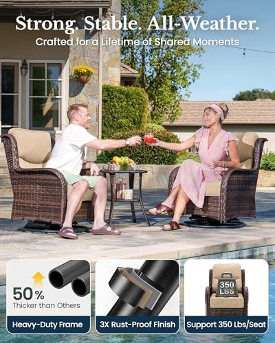 5-Piece Luxury Patio Furniture Set with 6" Thick Cushions, Weather-Resistant Wicker High Back Swivel Rocker Chairs, Senior-Friendly Conversation Set for Small Porch, Deck and Sunroom, Beige(V2)