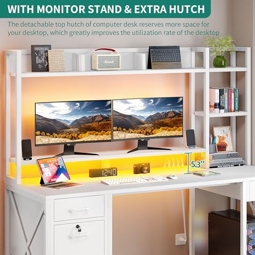 59.1" Computer Desk with Drawers & Hutch, Power & LED, White, view 7