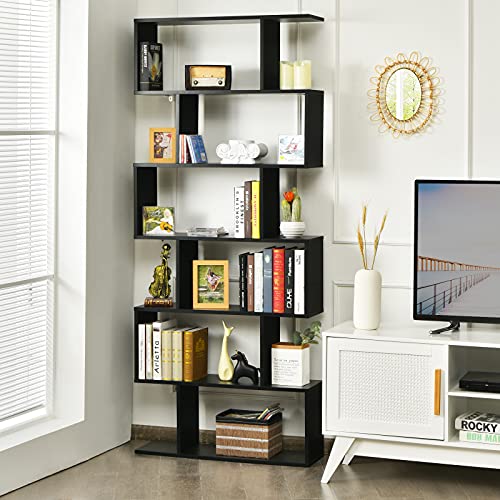 6 Tier S Shaped Bookshelf, 31.5''L x 9''W x 75''H, Wooden Bookcase and Bookshelves w/Anti-Toppling Device, Room Divider Display Shelves for Living Room, Home Decor, 6 Shelf Bookshelf
