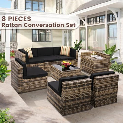 8 Piece Patio Furniture Set, Outdoor Modular Conversation Set, Black | UV Treated Wickers, Machine Washable Cushions, Seats 6, 2 Hidden Storage Compartments, Rustproof Frame, Waterproof