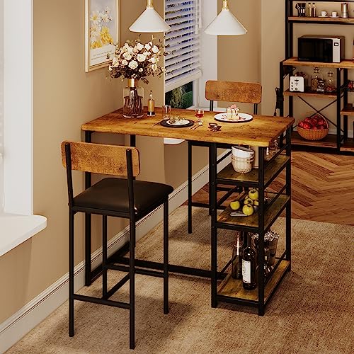 Kitchen Table Set, Dining Table and Chairs for 2 with Storage Shelf, Dining Room Table Set with 2 Upholstered Chairs, Bar Dining Table Set for Small Spaces, Apartment, Rustic Brown