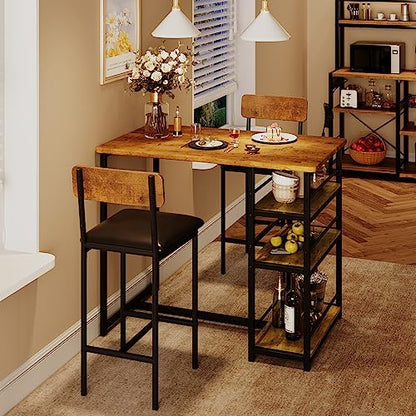 Kitchen Table Set, Dining Table and Chairs for 2 with Storage Shelf, Dining Room Table Set with 2 Upholstered Chairs, Bar Dining Table Set for Small Spaces, Apartment, Rustic Brown