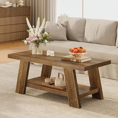 47.24" Coffee Table for Living Room, Farmhouse Wooden Coffee Table with Storage, Rectangle Rustic Accent Center Table with for Home Apartment Office, Retro Brown