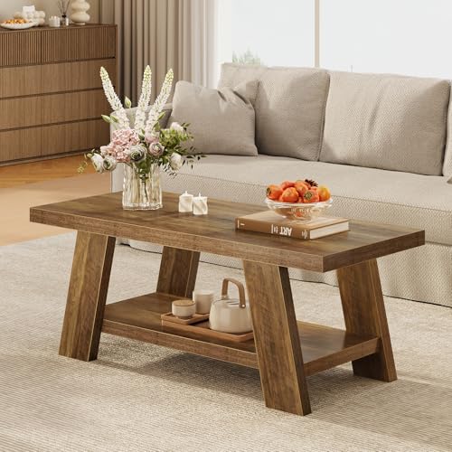 47.24" Coffee Table for Living Room, Farmhouse Wooden Coffee Table with Storage, Rectangle Rustic Accent Center Table with for Home Apartment Office, Retro Brown