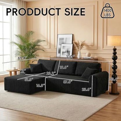 104 Inch Cloud Sectional Couch with L-Shape Chaise,Modern Upholstered Couches with Deep Seat,Corduroy Sponge Compressed Sofa for Living Room,No Assembly Required (Black)