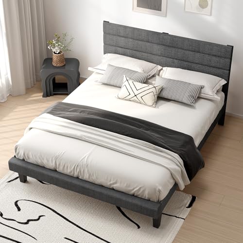Queen Upholstered Platform Bed Frame with Headboard, Dark Gray Linen, view 5