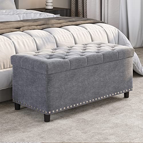 Storage Ottoman, Tufted Ottoman with Close Hinge, Foot Rest for Living Room (Gray, 31 inch)