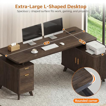 63" Farmhouse L Shaped Executive Desk, Brown, view 4