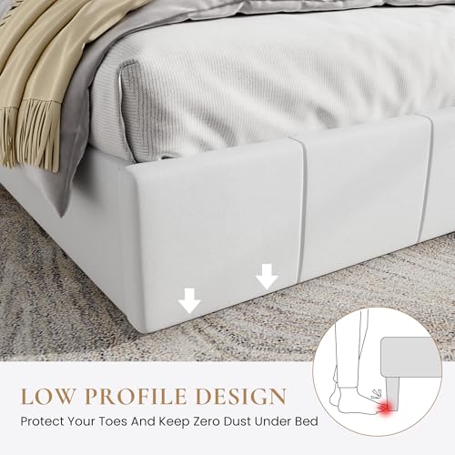 Velvet Platform Bed with Tufted Headboard, White, view 5
