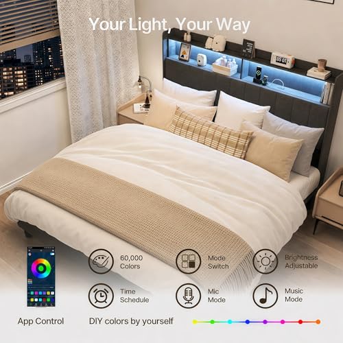 Upholstered Queen Size Bed Frame with Headboard, LED & USB Ports, view 7