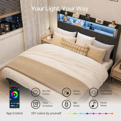 Upholstered Queen Size Bed Frame with Headboard, LED & USB Ports, view 7