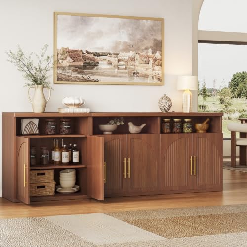 63" Wide Fluted Buffet Cabinet with Open Storage Shelf, Walnut, view 5
