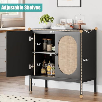 GAOMON Sideboard Buffet Cabinet, Rattan Storage Cabinet, Wood Accent Cabinet with Door and Shelf, Console Cabinet with Storage, Sideboard Cabinet for Hallway, Entryway, Living Room, Black