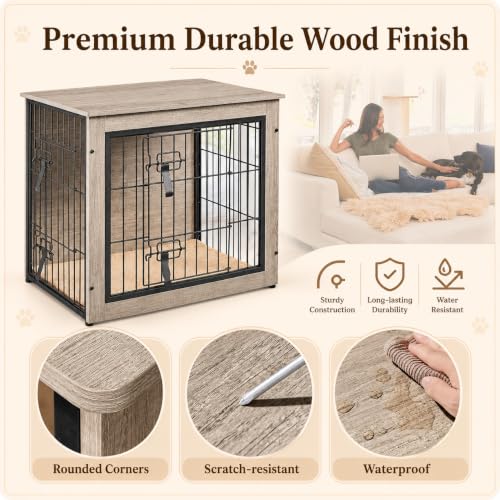 27.5in Wooden Dog Crate Furniture w/Cushion for Small Dogs, Gray, view 6