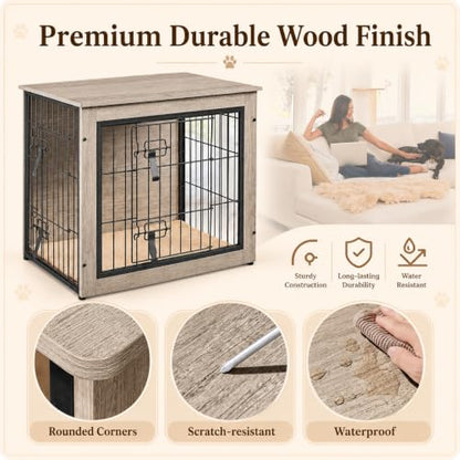 27.5in Wooden Dog Crate Furniture w/Cushion for Small Dogs, Gray, view 6