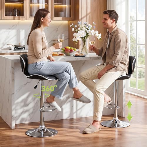 PU Leather Adjustable Bar Stools, Modern Swivel Airlift Barstools with Back, Armless Counter Height Chairs for Kitchen Dining Pub Cafe Set of 2 (Black)