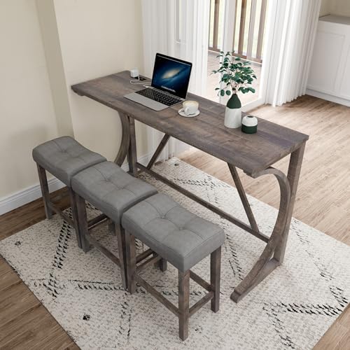 4-Piece Farmhouse Counter Height Dining Set, Bar Table and Chairs Set, Wood Dining Table Set with Power Outlet and 3 Upholstered Stools for Breakfast Nook, Living Room, Brown Yellow