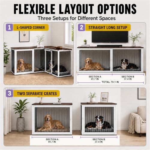 79.1 in L-Shaped Double Dog Crate Furniture for 2 Dogs, White, view 4