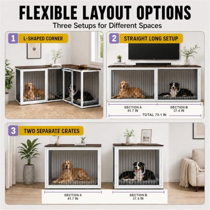79.1 in L-Shaped Double Dog Crate Furniture for 2 Dogs, White, view 4