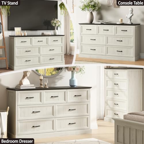 Farmhouse 7 Drawer Dresser for Bedroom, 55" White Dresser with TV Stand, view 4
