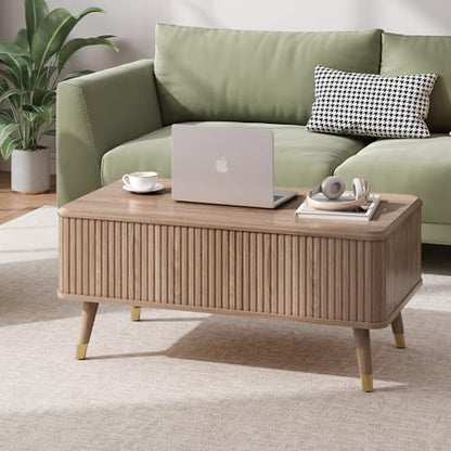 Lift Top Coffee Table with Storage, Mid Century Modern Rectangular Center Table, Fluted Design with Hidden Compartment, Rising Desk for Work from Home, Living Room Furniture, Oak Finish