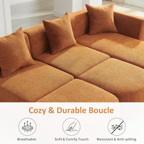 109.84" Modular Sectional Sofa with 3 Pillows, Convertible 5-Seater Comfy Boucle Cloud Couch with Ottoman, Modern Sectional Sofas for Living Room, Office, Apartment (Curry)