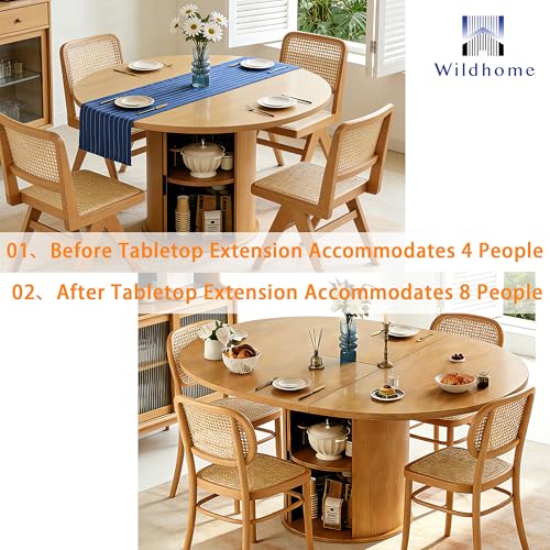 Extendable Round Dining Table for 2-4-6, 59 Inch Dining Room Kitchen Table with 2-Tier Storage Shelf, Modern Farmhouse Fluted Wood Slide Door Dinner Furniture,Oval Circle,Oak