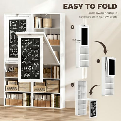 Foldable Convertible Writing Table, Wall Mounted Space-Saving Computer Desk with Chalkboard and Storage Shelves for Small Spaces, Home Office, Bedroom, Dorm, Apartment, White