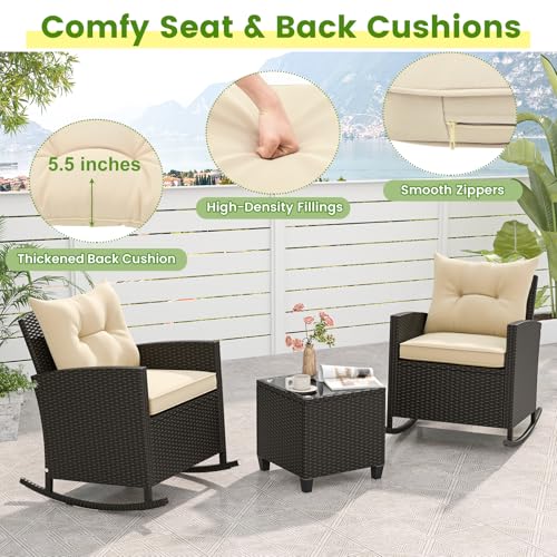 3 Piece Patio Furniture Rocking Bistro Set, Wicker Outdoor Rocking Chairs & Glass Table, PE Rattan Conversation Set for Porch, Balcony, Deck, Poolside (Mix Brown- Beige)