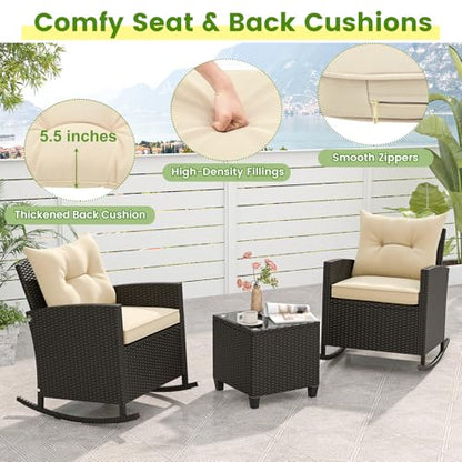 3 Piece Patio Furniture Rocking Bistro Set, Wicker Outdoor Rocking Chairs & Glass Table, PE Rattan Conversation Set for Porch, Balcony, Deck, Poolside (Mix Brown- Beige)