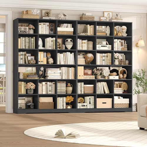 76” Tall Bookshelf with Storage, 6 Tier Black Bookcase with 16 Open Display Shelves, Triple Wide Large Bookshelves and Bookcases, Wood Book Shelf Storage Cabinet for Home Office (Black)