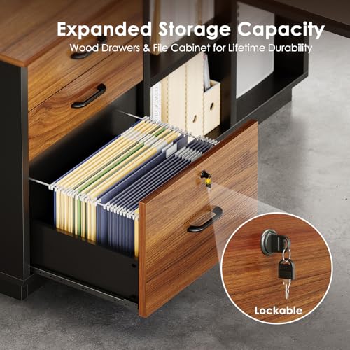 71 Inch L Shaped Executive Desk with Storage, Walnut+ Black, view 6