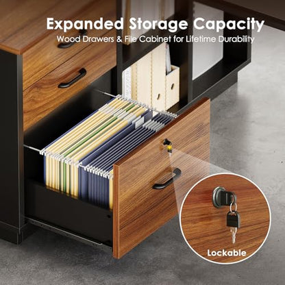 71 Inch L Shaped Executive Desk with Storage, Walnut+ Black, view 6