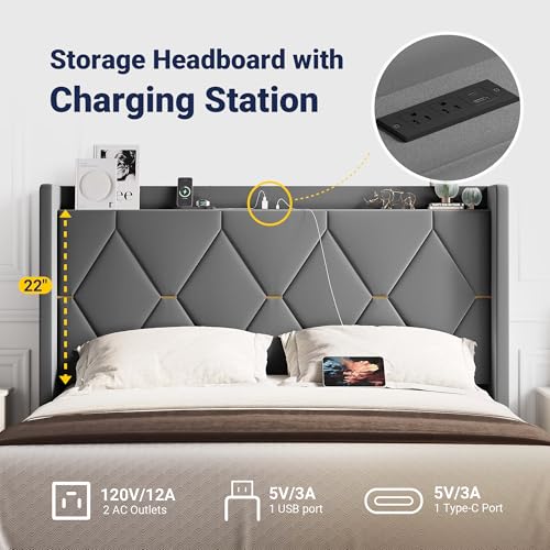 Queen Bed Frame with Storage Headboard & Charging Station, view 5