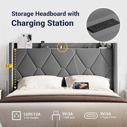 Queen Bed Frame with Storage Headboard & Charging Station, view 5