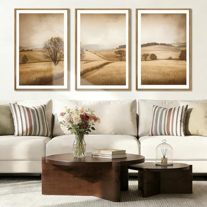 Framed Countryside Wall Art Rustic Village Wall Decor Farmhouse Landscape Art Print Nature Countryside Artwork Rustic Landscape Wall Pictures for Living Room Bedroom Office Farmhouse 16x24 Inches Set of 3 Gift