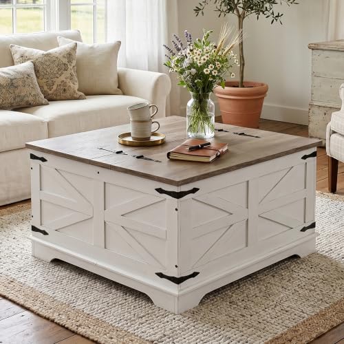 Farmhouse Coffee Table, Heavy-Duty Coffee Table with Storage, Square Wood Center Table Set for Living Room with Pull Up Large Hidden Storage Compartment, Maple White