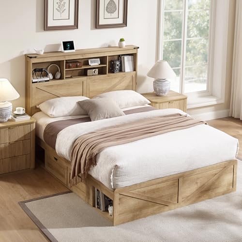 Farmhouse Full Size Bed Frame with 52" Storage Bookcase Headboard and 4 Drawers, view 2