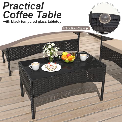 4 Piece Patio Rattan Conversation Set, Outdoor Rattan Chair Wicker Furniture Set, Couple Seats and Tempered Glass Table,Comfort Seat for Patio, Pool or Backyard
