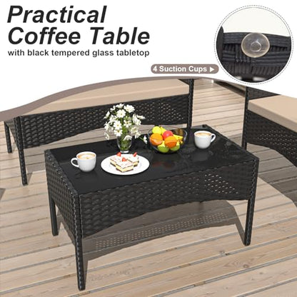 4 Piece Patio Rattan Conversation Set, Outdoor Rattan Chair Wicker Furniture Set, Couple Seats and Tempered Glass Table,Comfort Seat for Patio, Pool or Backyard