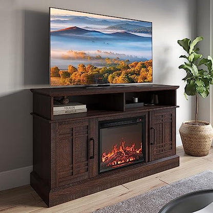 48" TV Stand with 18" Electric Fireplace Heater, Modern TV Stand for TVs up to 50", Entertainment Media Stand with Open Shelves and Storage Cabinets for Living Room, Bedroom (Espresso)