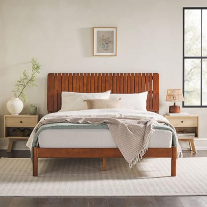 Queen Transitional Vertical Slatted Headboard Solid Wood Bed, Queen Size, Brown