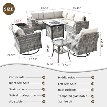10 Piece Modular Patio Outdoor Sectional Furniture Set with Gas Propane Fire Pit Table,Wicker Conversation Sofa Set with Swivel Chairs,Outside Couch Set(Beige)